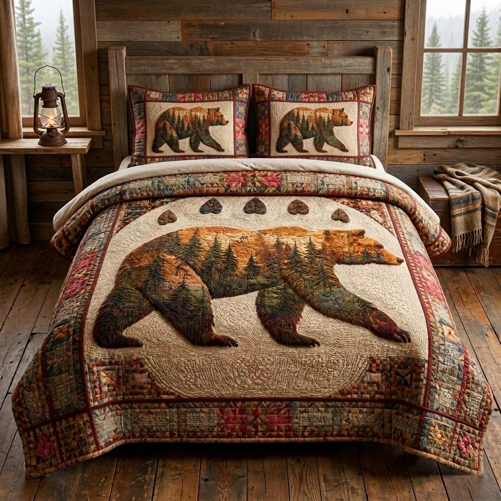 Autumn Bear 3-Piece Quilted Bedding Set GFTOQM3576