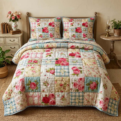 Rose Patchwork 3-Piece Quilted Bedding Set GFTOQM3605