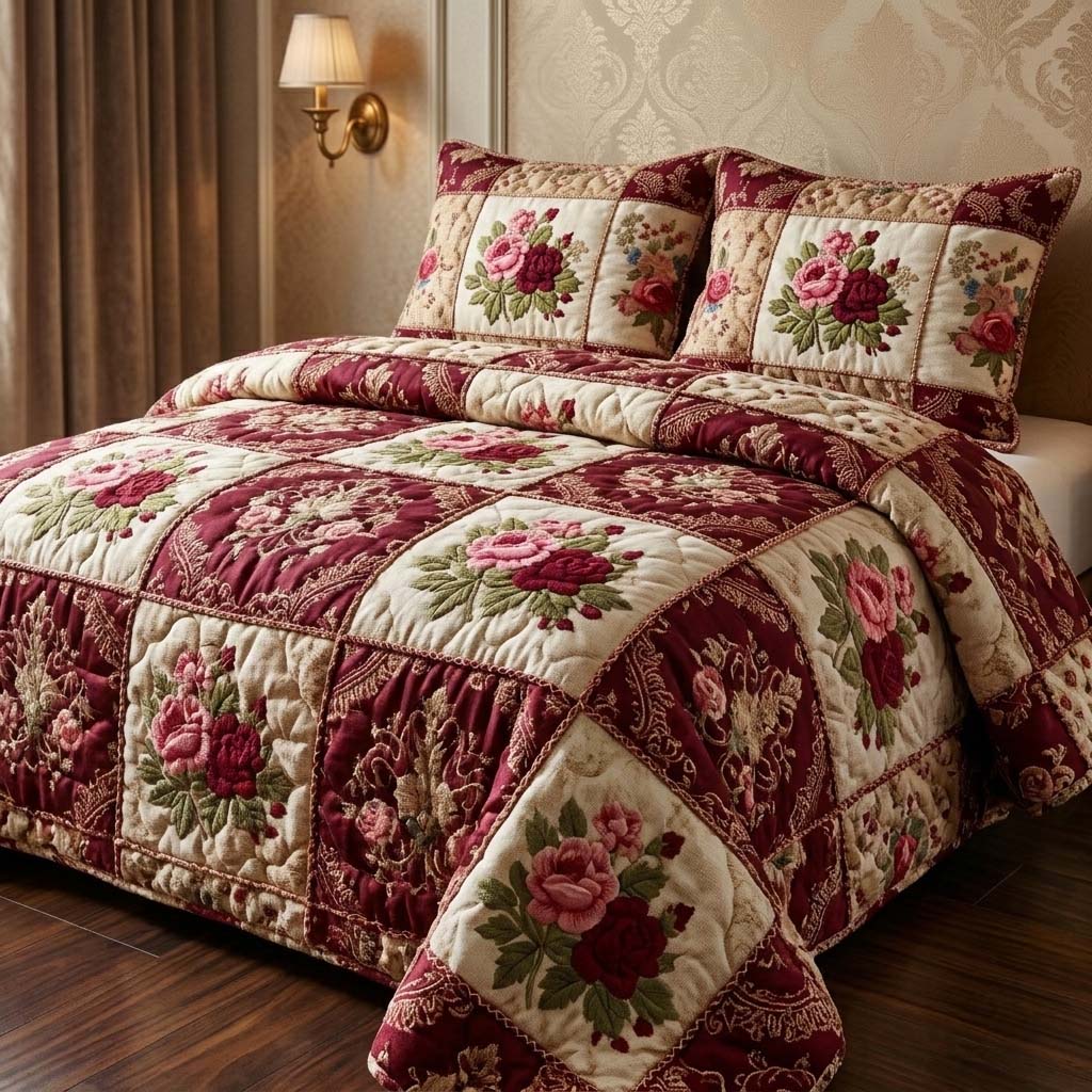Royal Roses 3-Piece Quilted Bedding Set GFTOQM3608