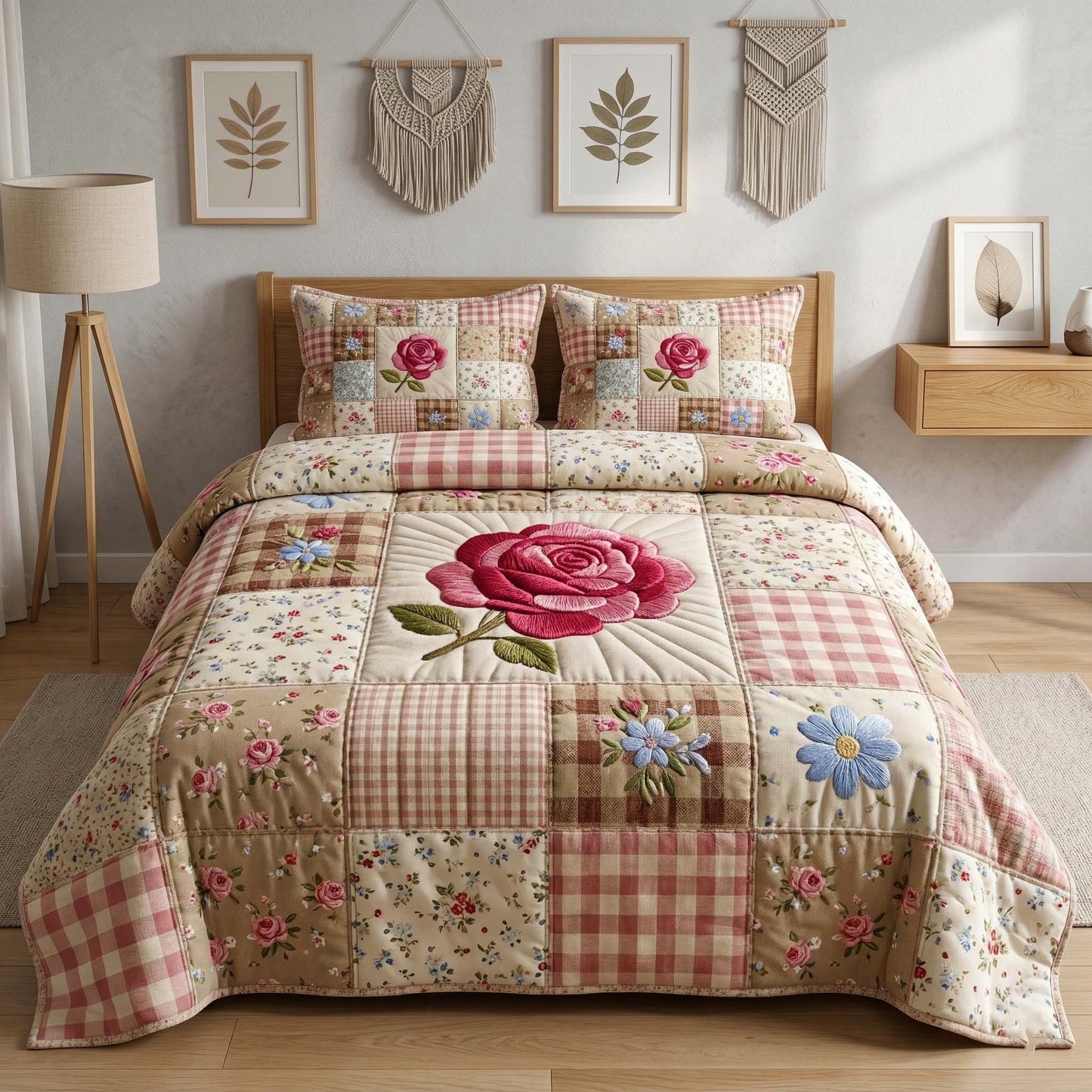 Rose Patchwork 3-Piece Quilted Bedding Set GFTOQM3613