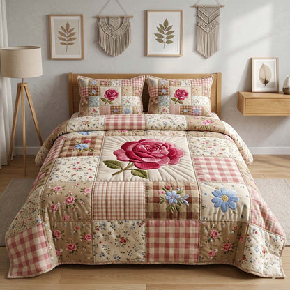 Rose Patchwork 3-Piece Quilted Bedding Set GFTOQM3613