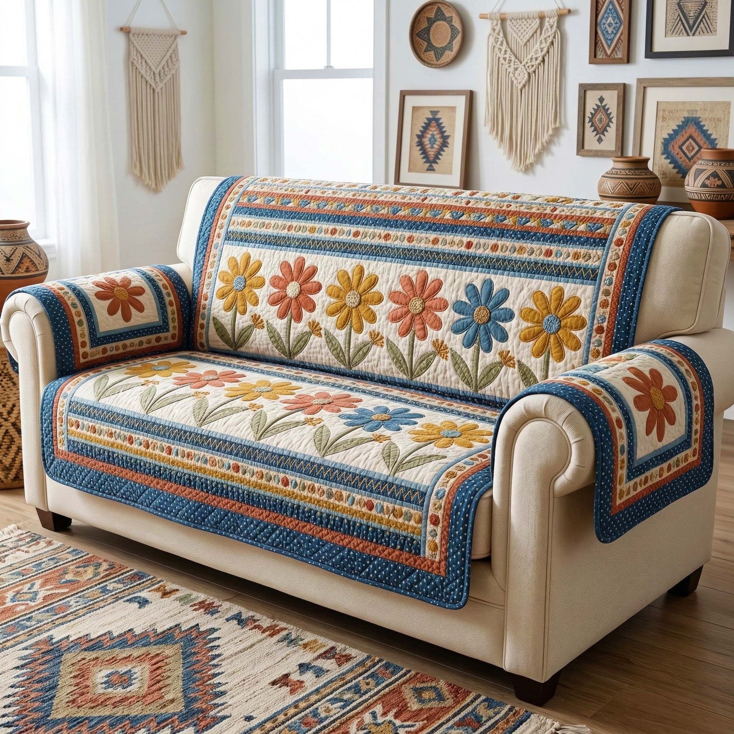Boho Daisies Quilted Sofa Cover GFTOQM3627