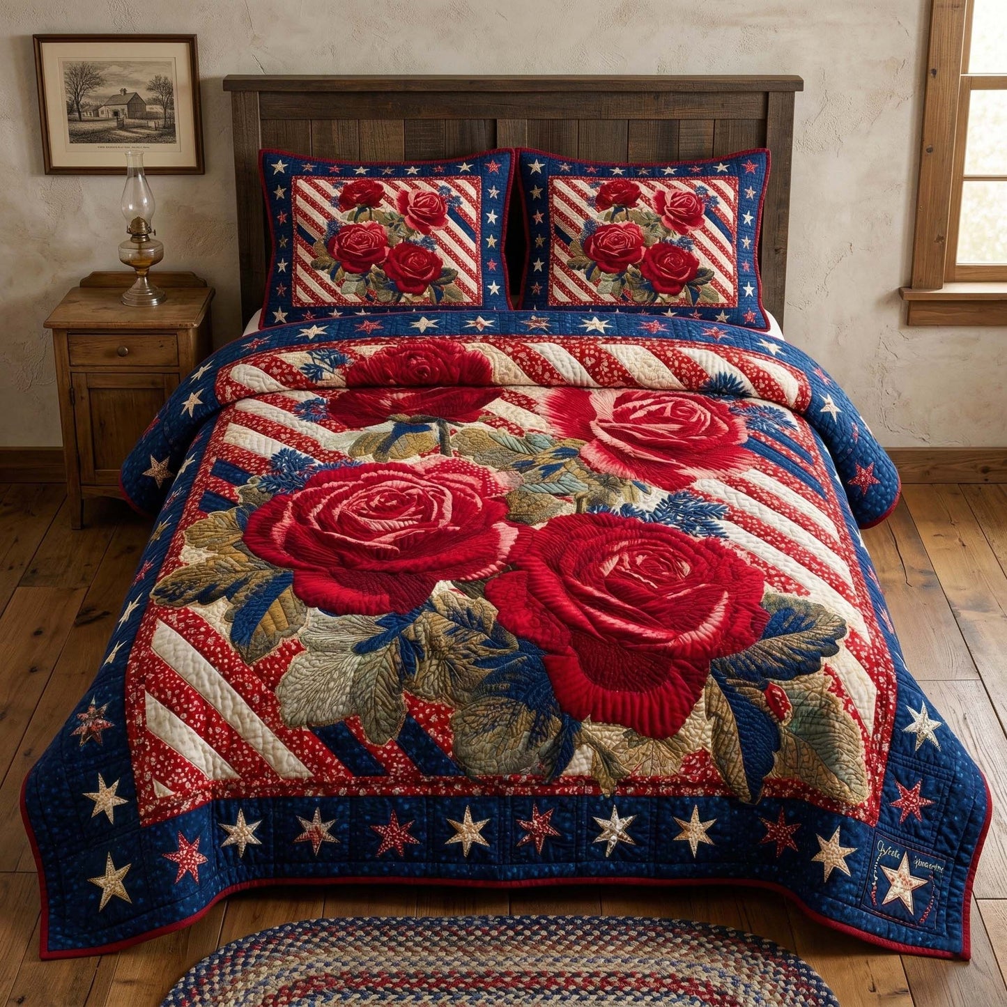 Patriot Roses 3-Piece Quilted Bedding Set GFTOQM3656