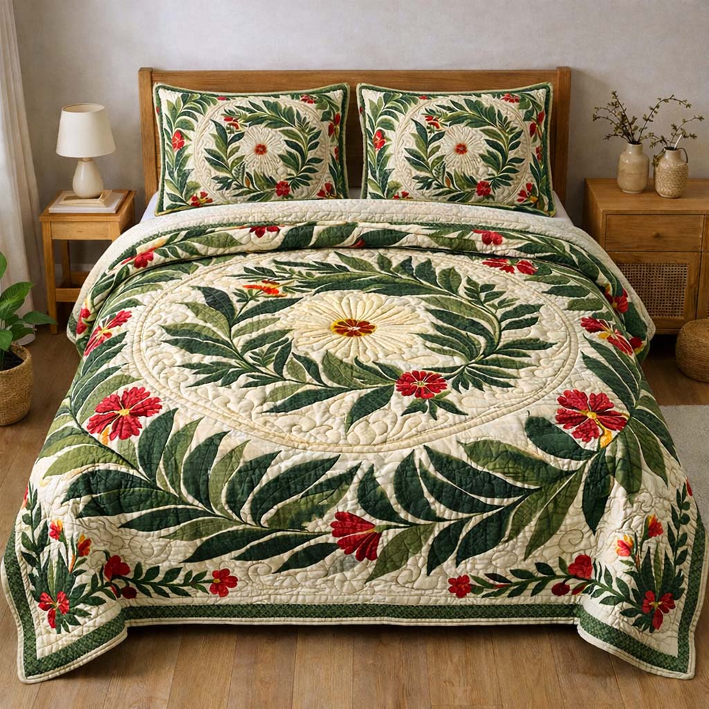 Leaf Wreath 3-Piece Quilted Bedding Set GFTOQM3704
