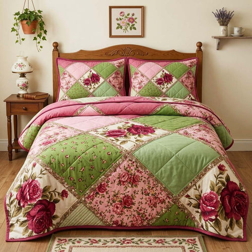 Rose Patchwork 3-Piece Quilted Bedding Set GFTOQM3736