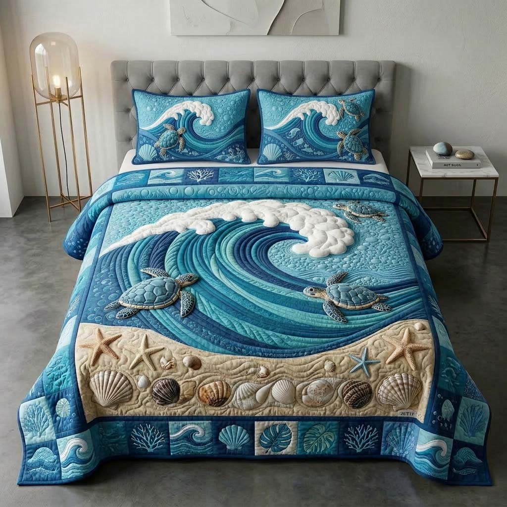 Wave Turtle 3-Piece Quilted Bedding Set GFTOQM3784