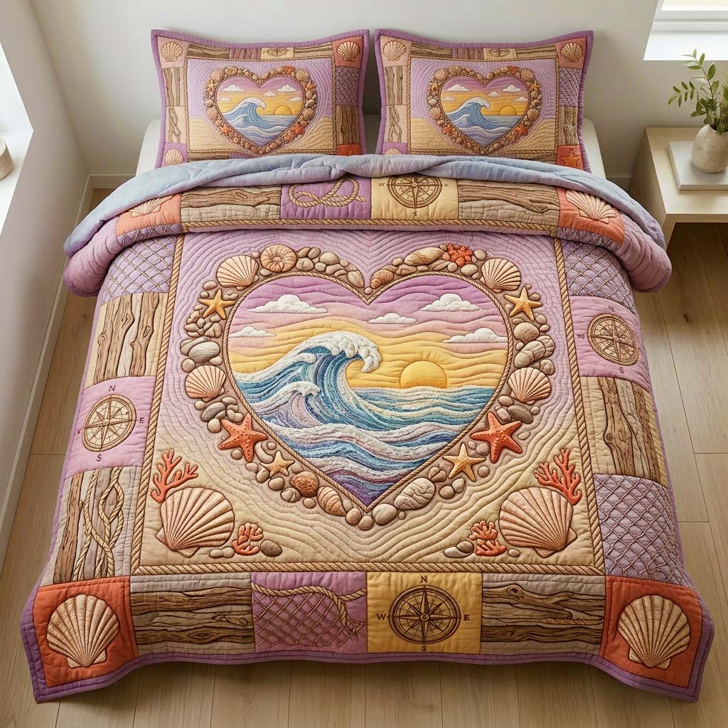 Heart Seashell 3-Piece Quilted Bedding Set GFTOQM3788