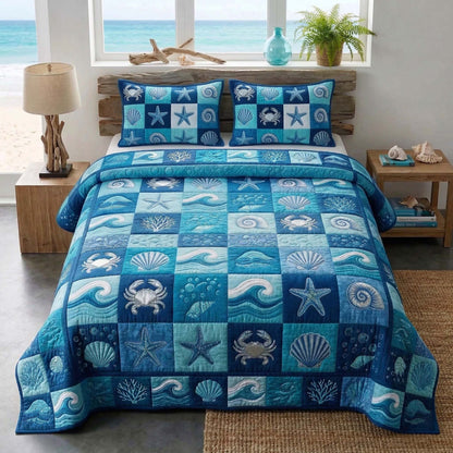 Blue Patchwork 3-Piece Quilted Bedding Set GFTOQM3789