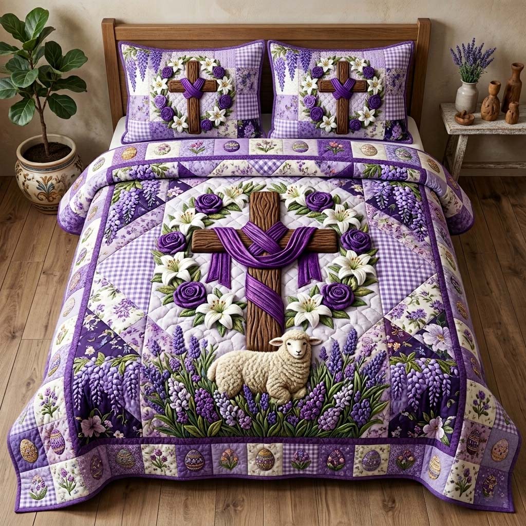 Lavender Lamb 3-Piece Quilted Bedding Set GFTOQM3813