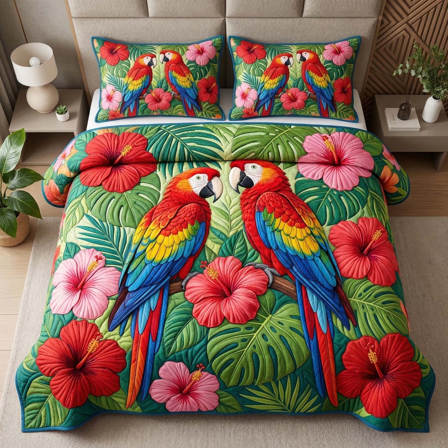 Hibiscus Macaw 3-Piece Quilted Bedding Set GFTOQM3858