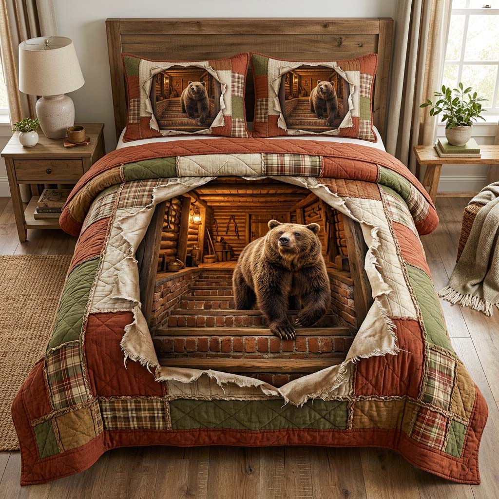 Log Bear 3-Piece Quilted Bedding Set GFTOQM3887