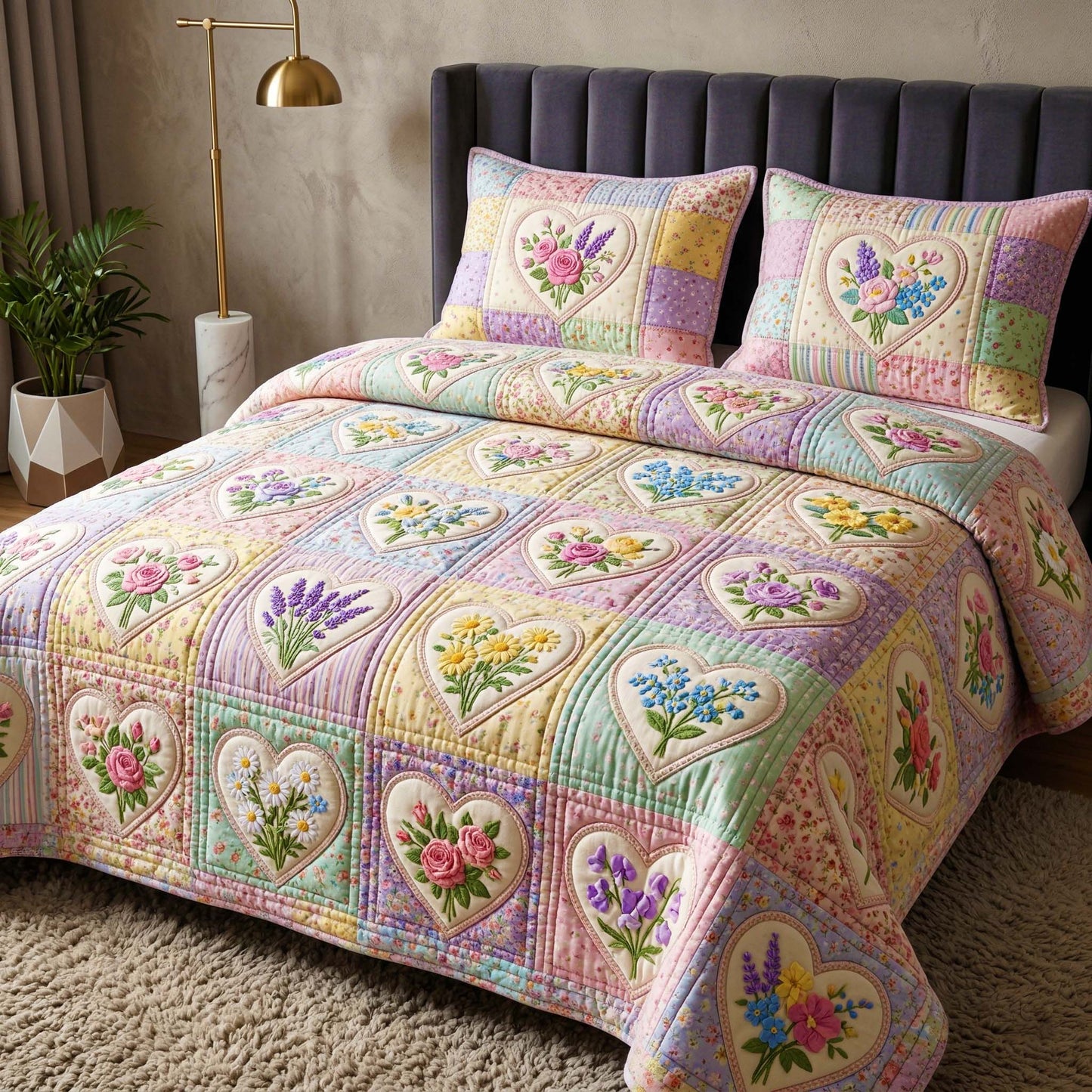 Pastel Heart 3-Piece Quilted Bedding Set GFTOQM3917