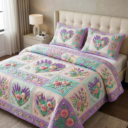Lavender Heart 3-Piece Quilted Bedding Set GFTOQM3919