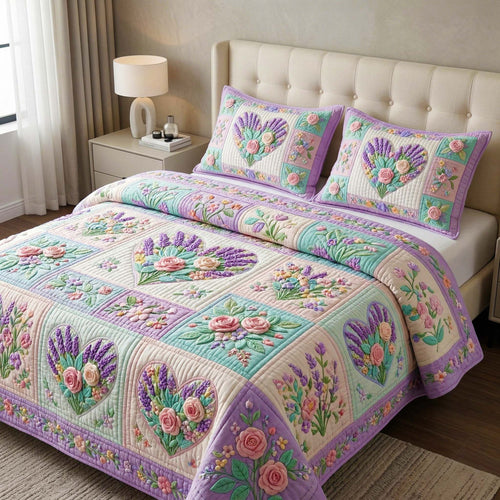 Lavender Heart 3-Piece Quilted Bedding Set GFTOQM3919