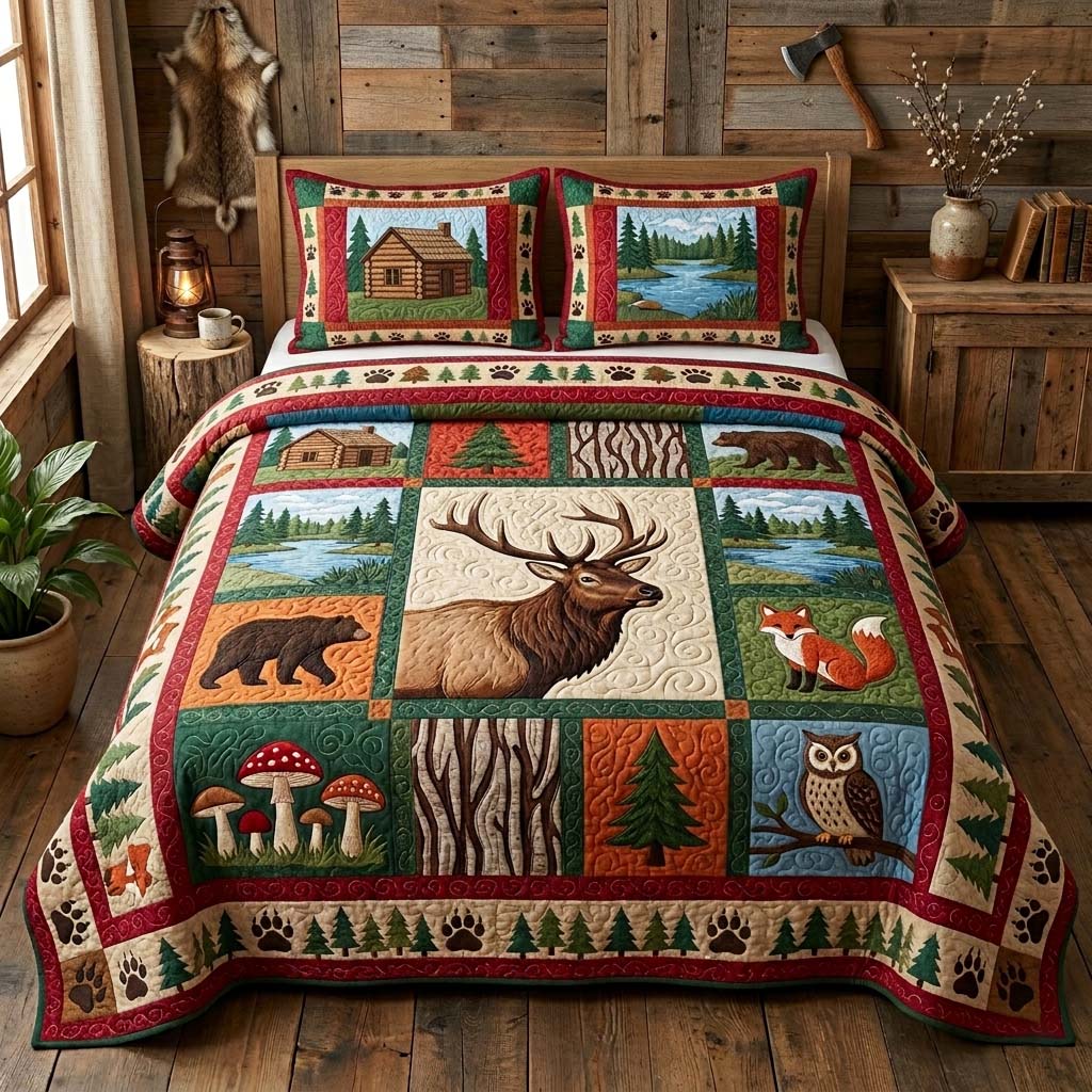 Elk Cabin 3-Piece Quilted Bedding Set GFTOQM3954