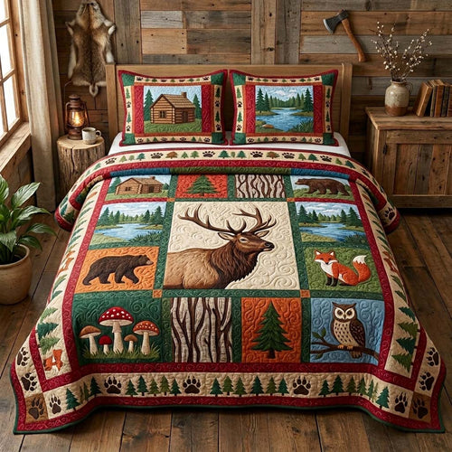Elk Cabin 3-Piece Quilted Bedding Set GFTOQM3954