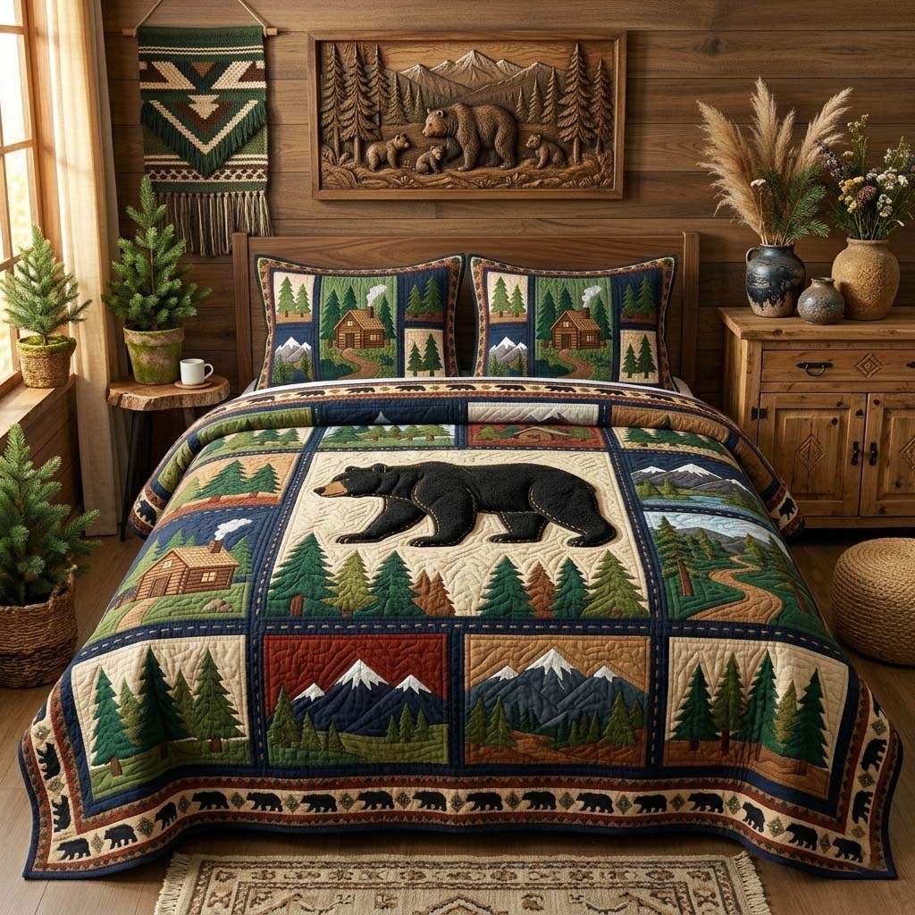 Black Bear 3-Piece Quilted Bedding Set GFTOQM3956