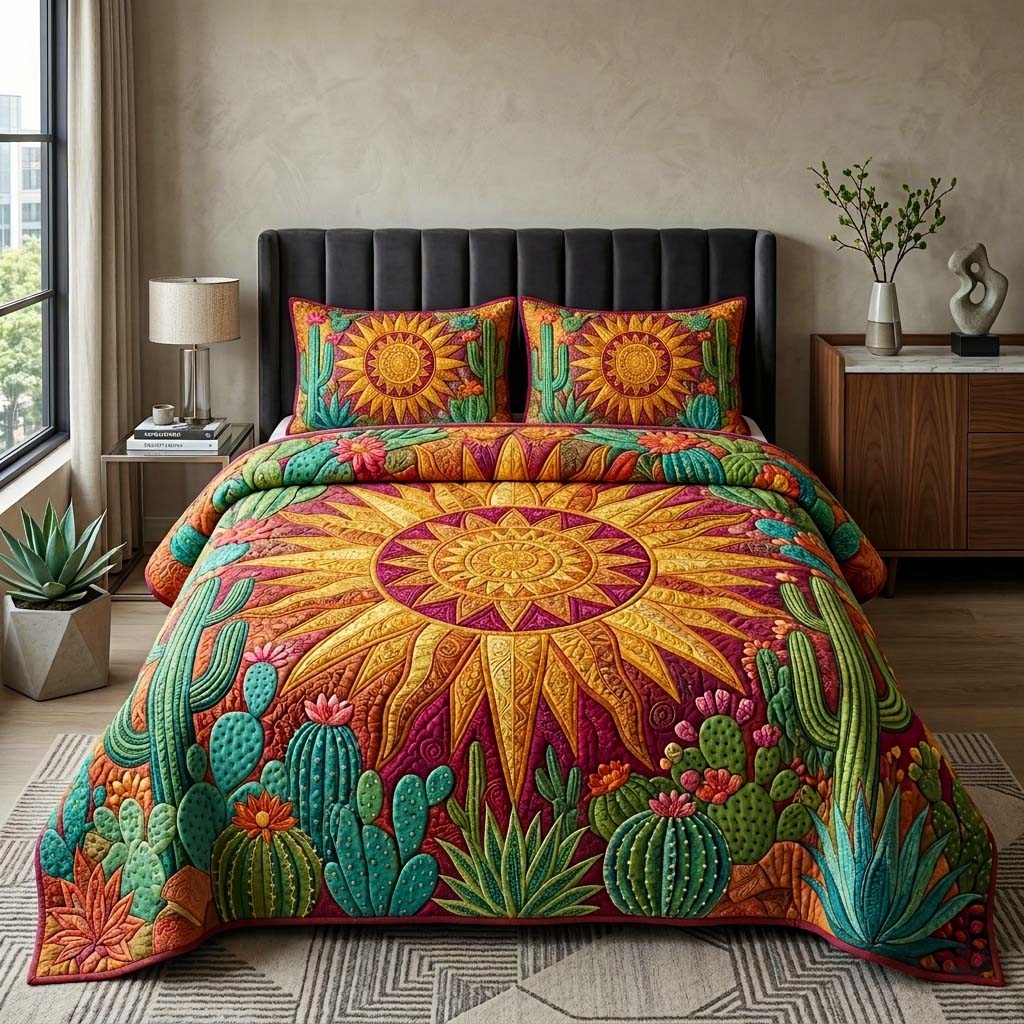 Radiant Cactus 3-Piece Quilted Bedding Set GFTOQM3972