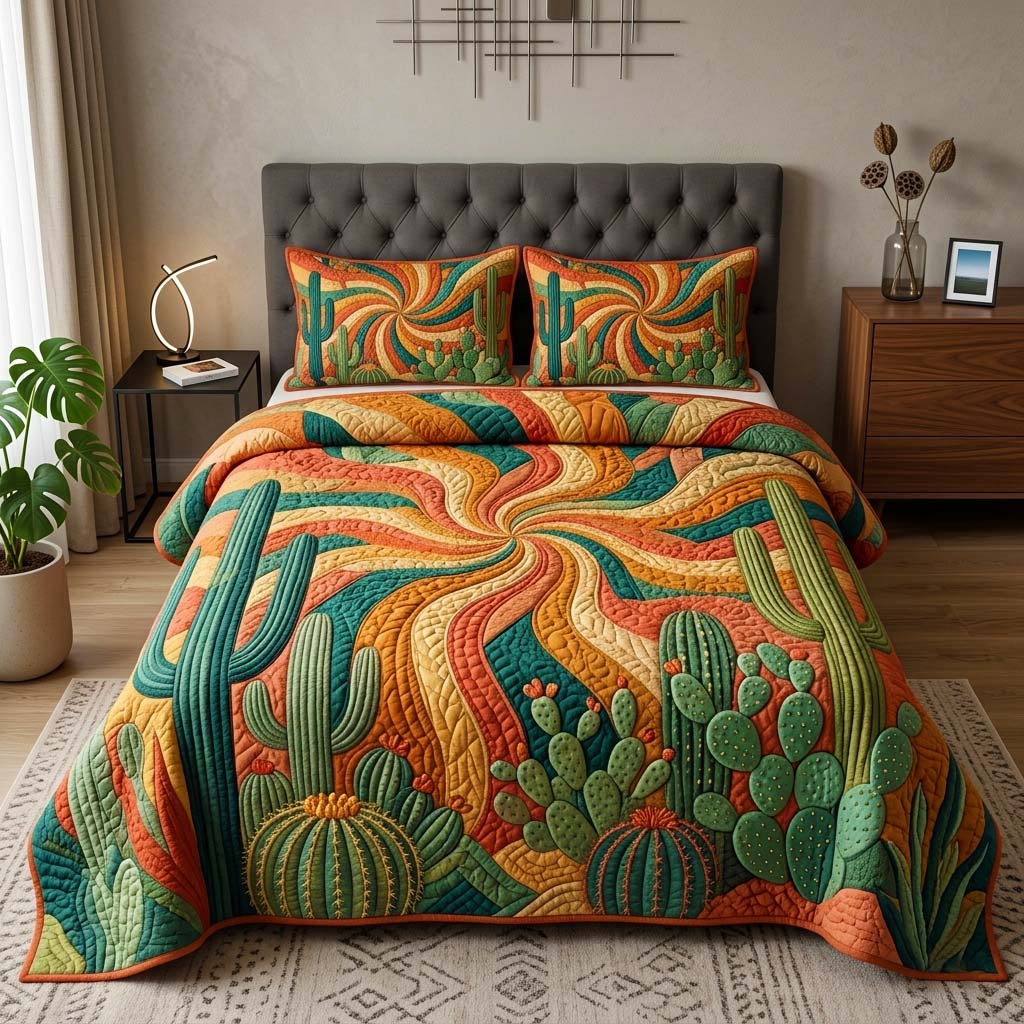 Sunbeam Cactus 3-Piece Quilted Bedding Set GFTOQM3974