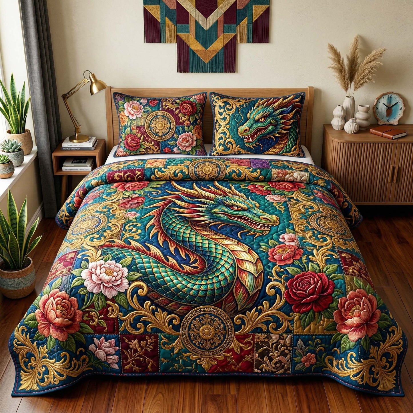 Floral Dragon 3-Piece Quilted Bedding Set GFTOQM4006