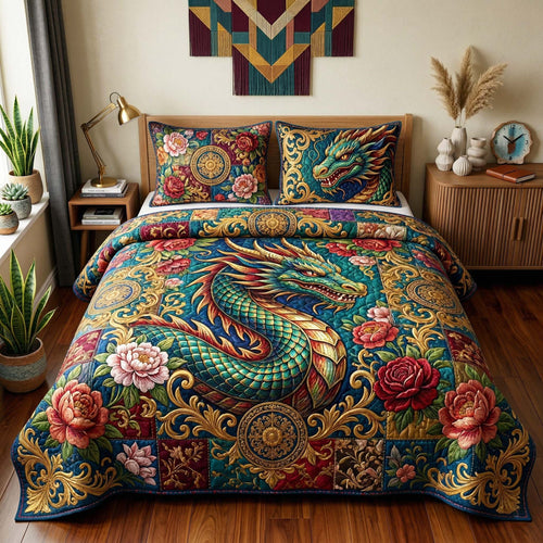 Floral Dragon 3-Piece Quilted Bedding Set GFTOQM4006