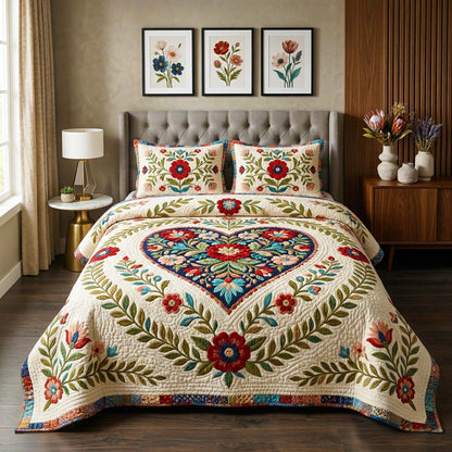 Elegant Folk Heart 3-Piece Quilted Bedding Set GFTOQM4010