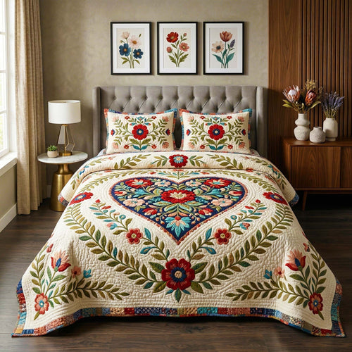 Elegant Folk Heart 3-Piece Quilted Bedding Set GFTOQM4010