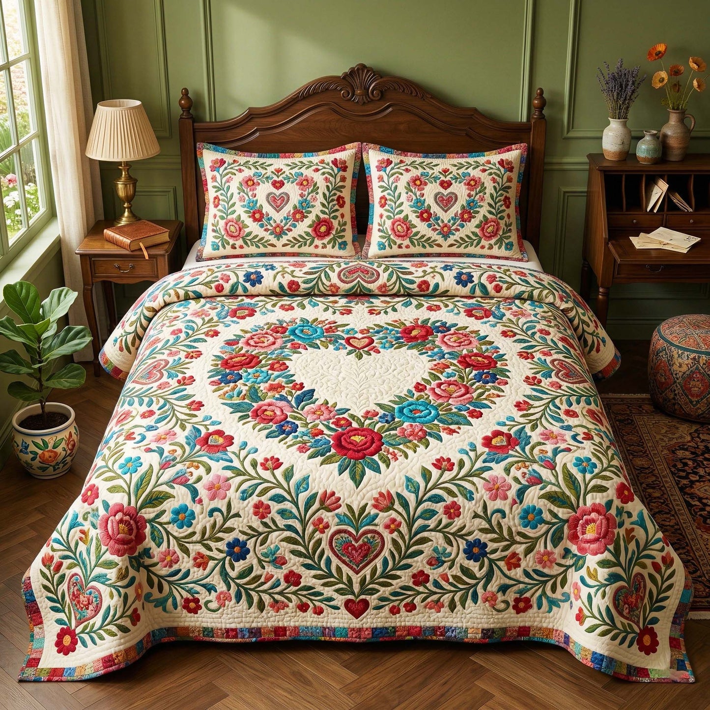 Vintage Heart 3-Piece Quilted Bedding Set GFTOQM4014