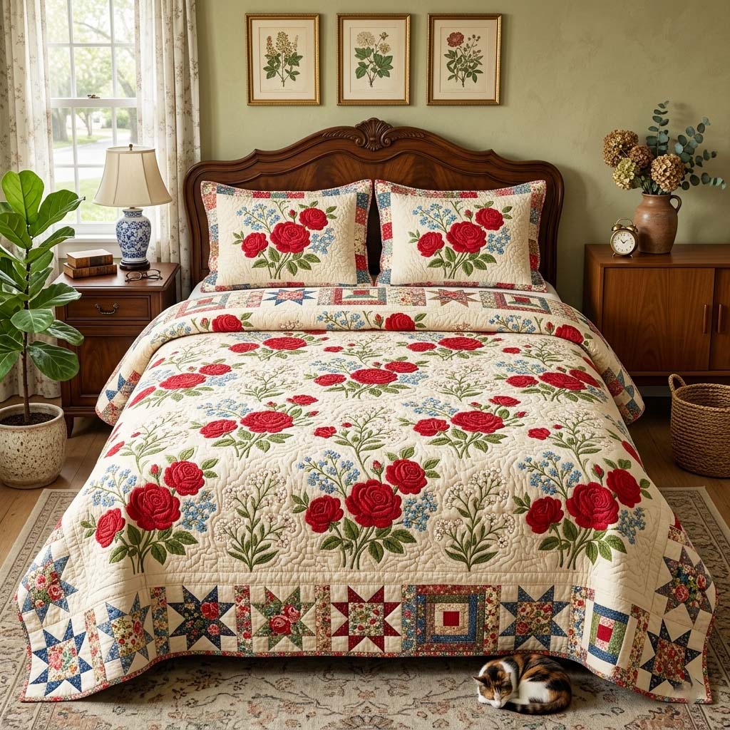 Vintage Red Rose 3-Piece Quilted Bedding Set GFTOQM4069