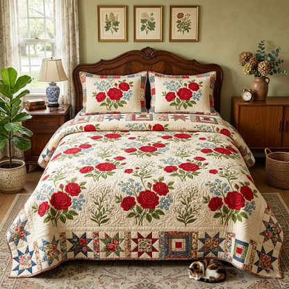 Vintage Red Rose 3-Piece Quilted Bedding Set GFTOQM4069