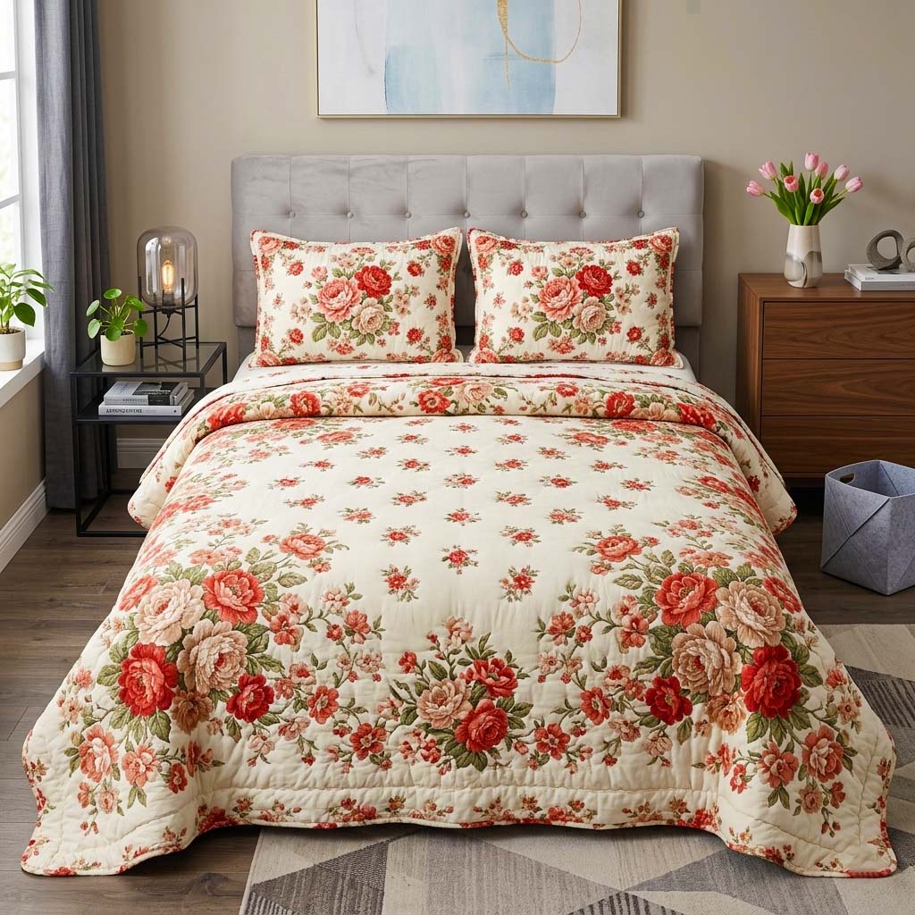 Floral Rose Bouquet 3-Piece Quilted Bedding Set GFTOQM4074