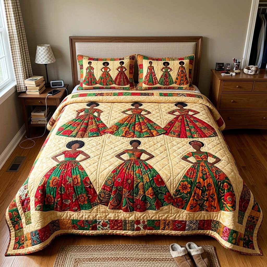 Floral Melanin Elegance 3-Piece Quilted Bedding Set GFTOQM4304