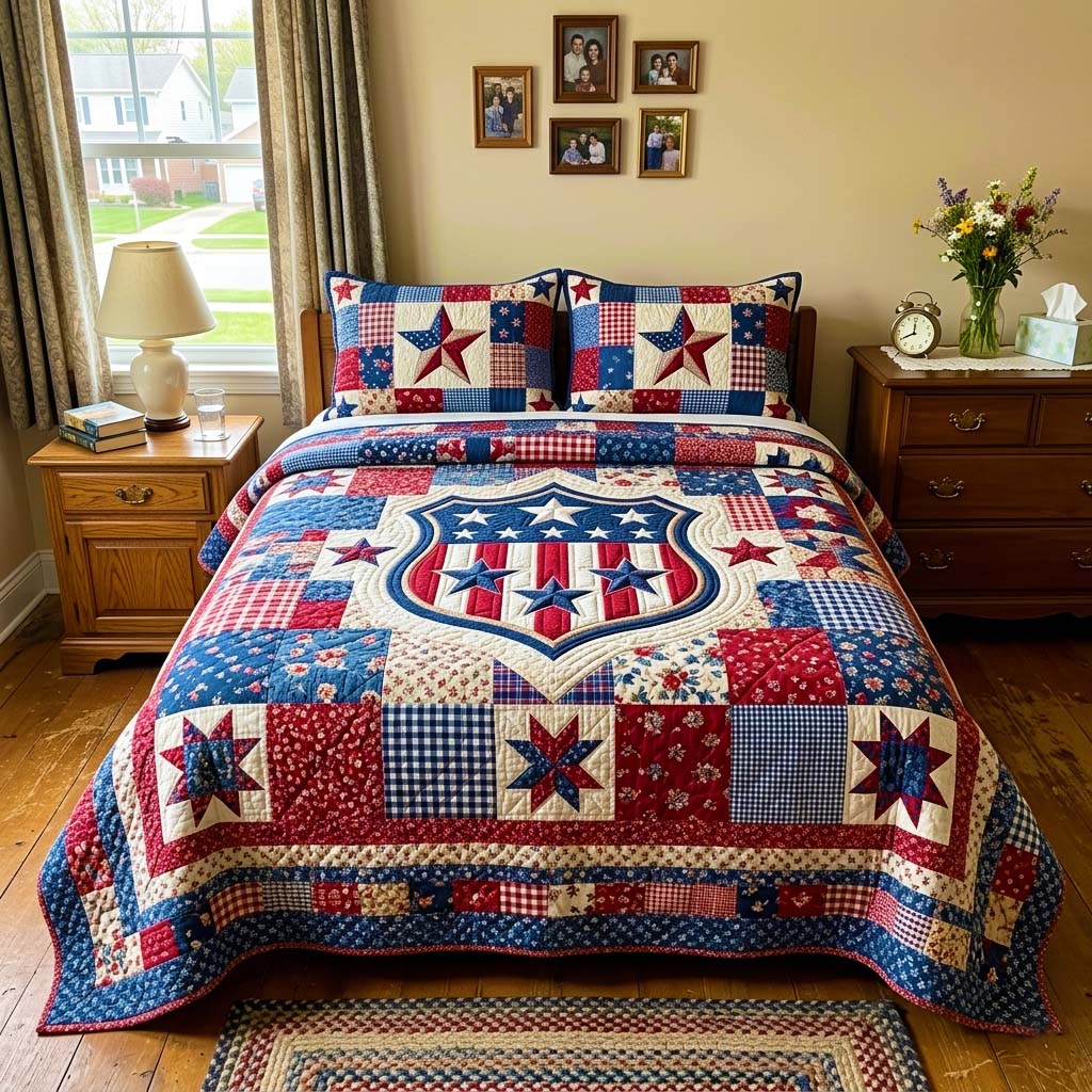 Patriotic Shield Star 3-Piece Quilted Bedding Set GFTOQM4354