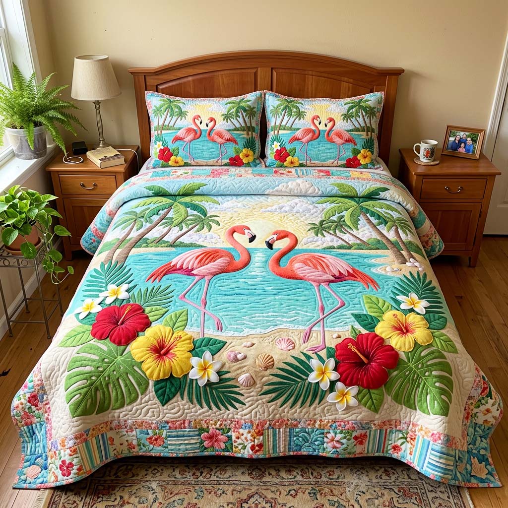 Flamingo Beach 3-Piece Quilted Bedding Set GFTOQM4473