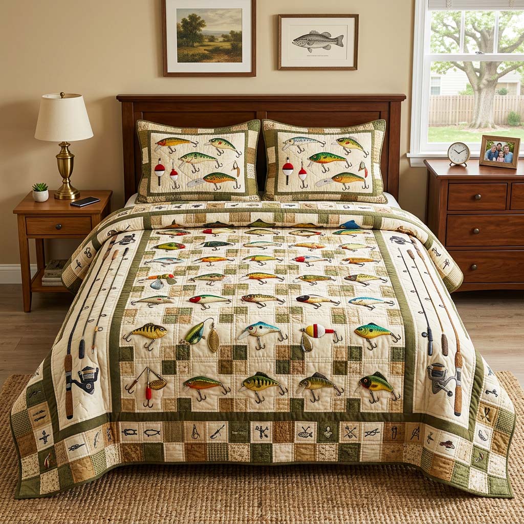 Lure Grid 3-Piece Quilted Bedding Set GFTOQM4482
