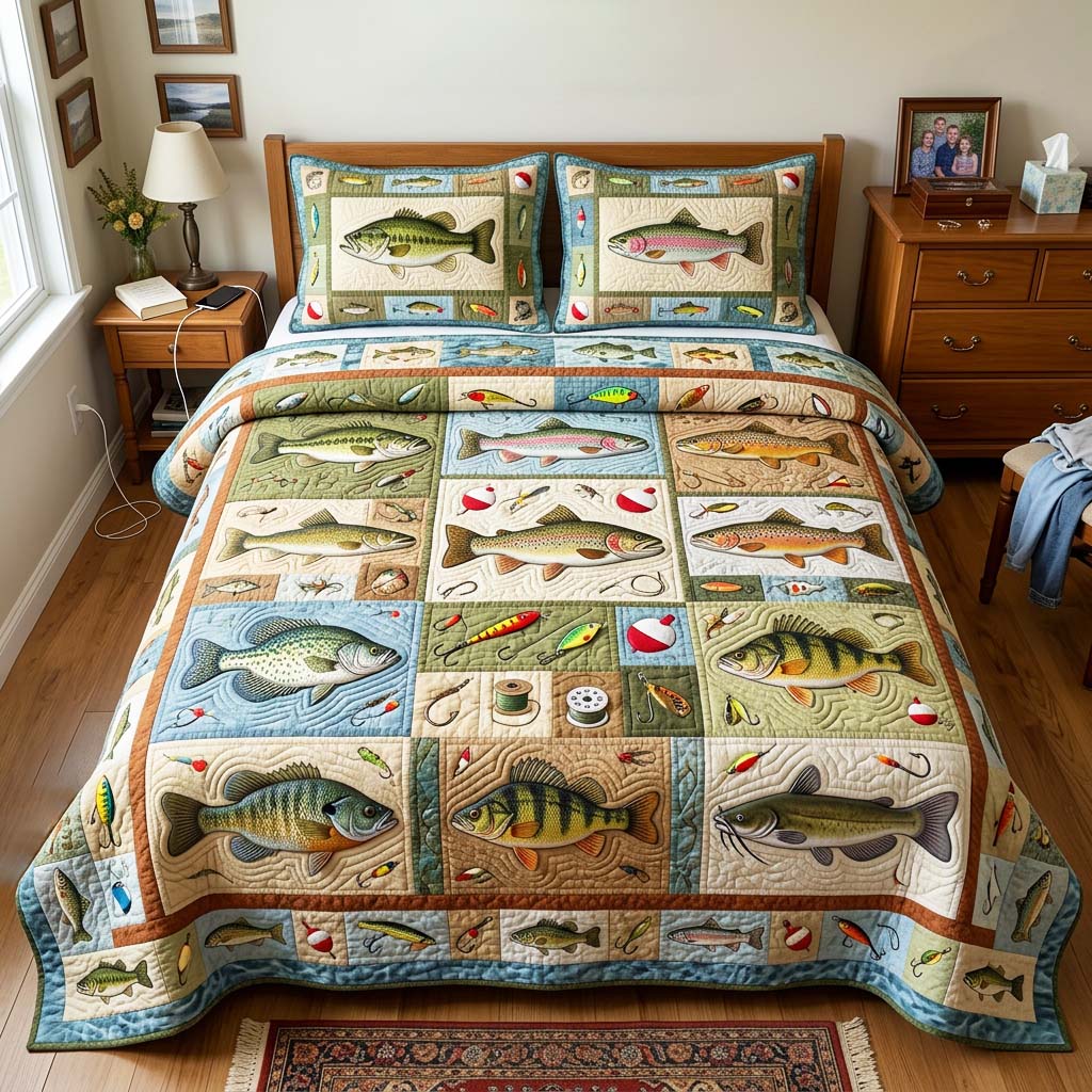 Fish Patch 3-Piece Quilted Bedding Set GFTOQM4563