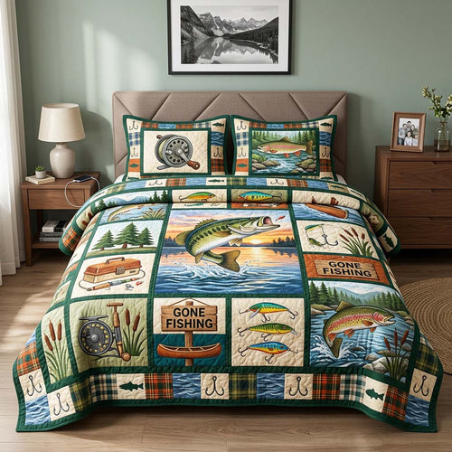 Gone Fishing 3-Piece Quilted Bedding Set GFTOQM4568