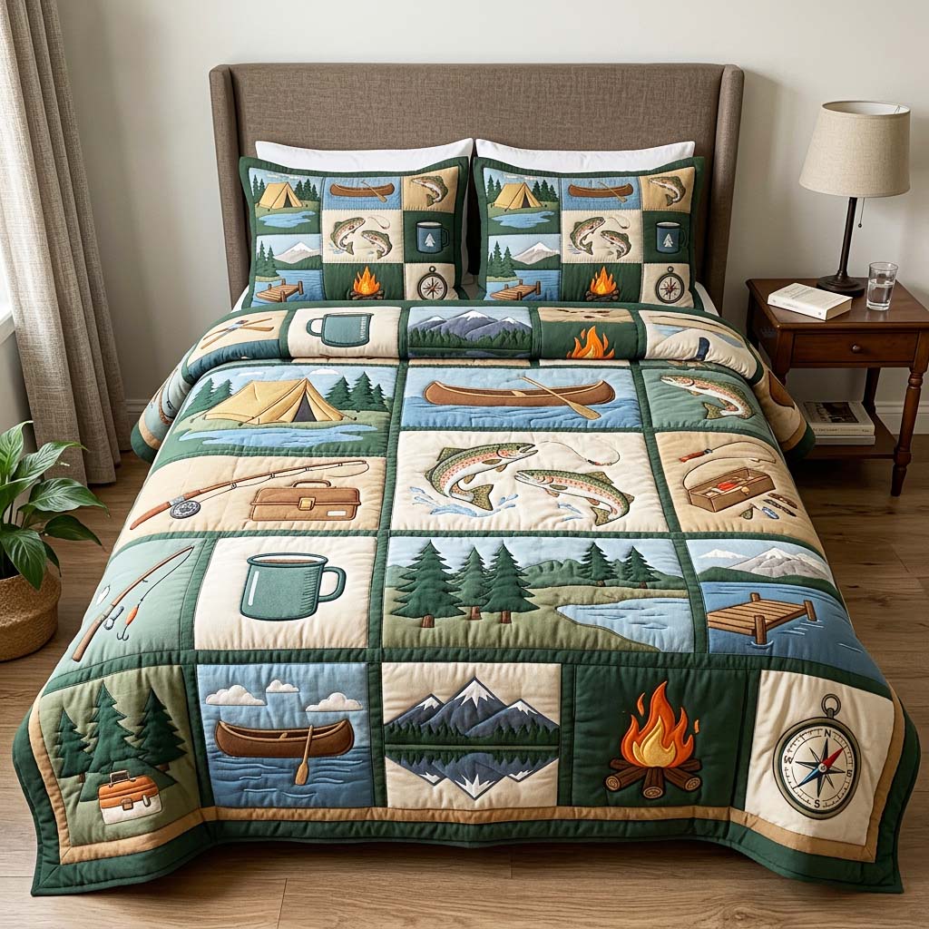 Fishing Camp 3-Piece Quilted Bedding Set GFTOQM4609