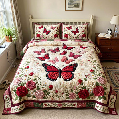 Rose Butterfly 3-Piece Quilted Bedding Set GFTOQM4615