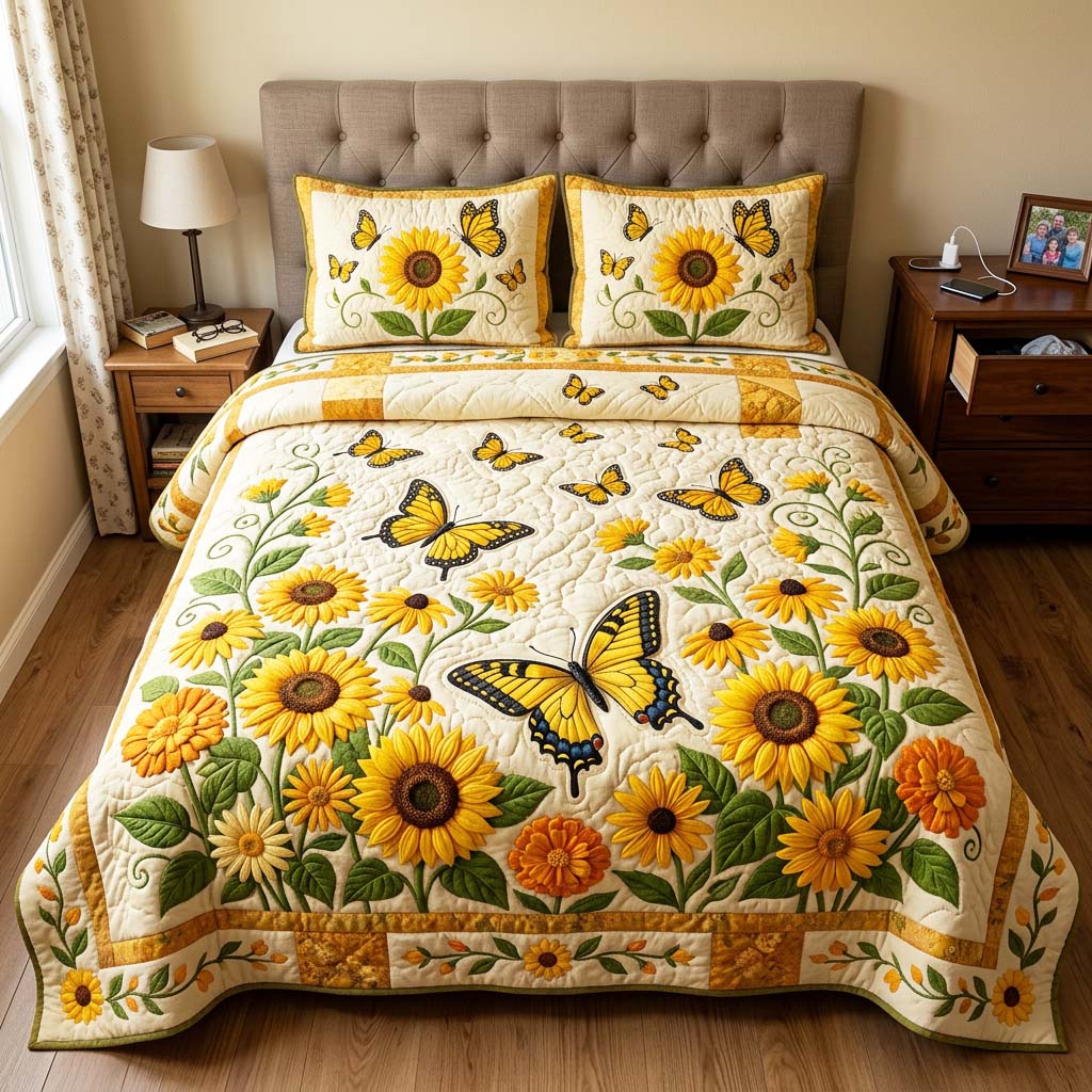 Sunflower Butterfly 3-Piece Quilted Bedding Set GFTOQM4618