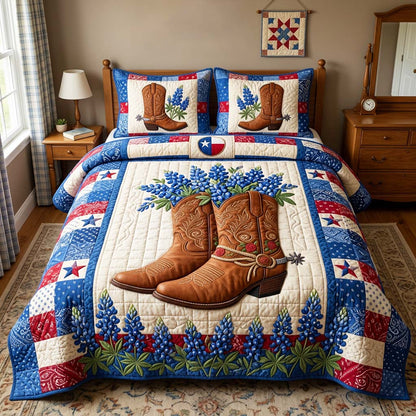 Cowboy Boots Bluebonnet 3-Piece Quilted Bedding Set GFTOQM4671