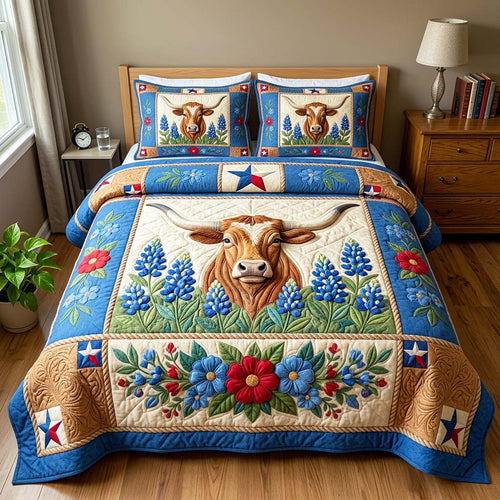 Longhorn Bluebonnet 3-Piece Quilted Bedding Set GFTOQM4672