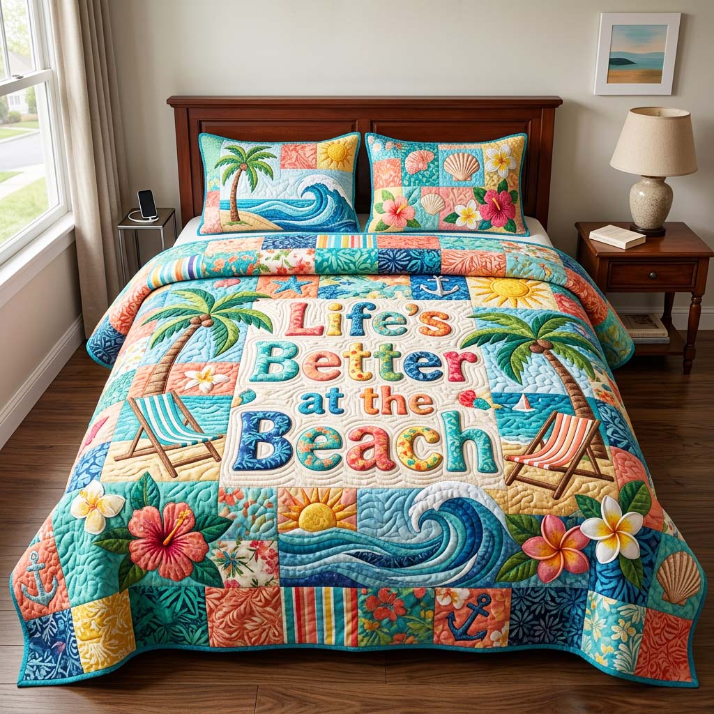 Beach Patchwork 3-Piece Quilted Bedding Set GFTOQM4675