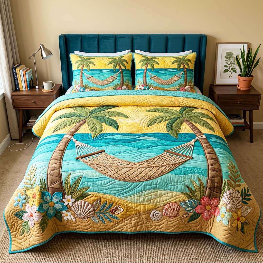 Palm Hammock Sunset 3-Piece Quilted Bedding Set GFTOQM4676
