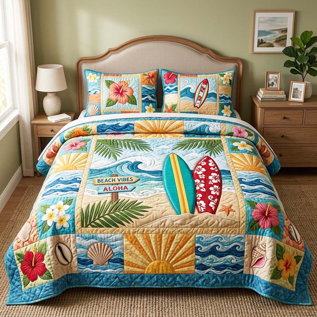Beach Vibes Aloha 3-Piece Quilted Bedding Set GFTOQM4677