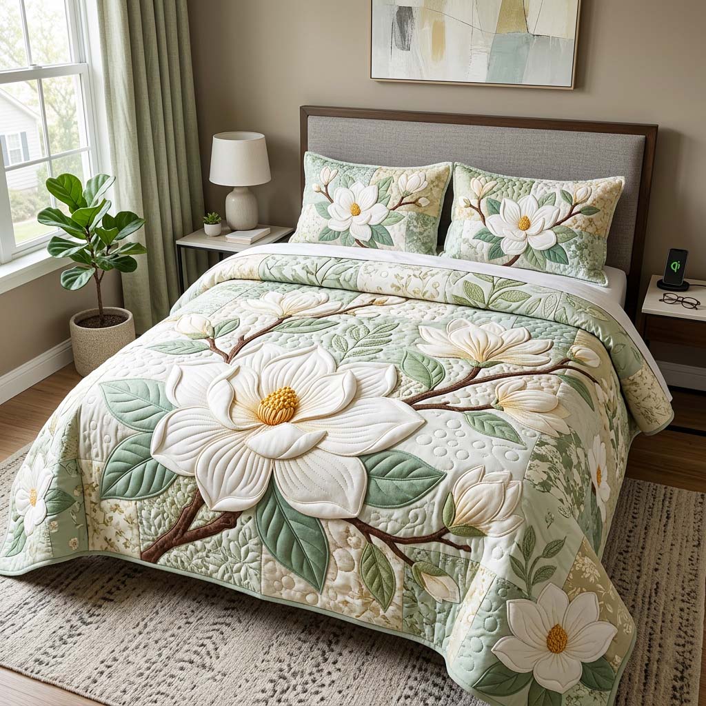 Magnolia Bloom 3-Piece Quilted Bedding Set GFTOQM4685