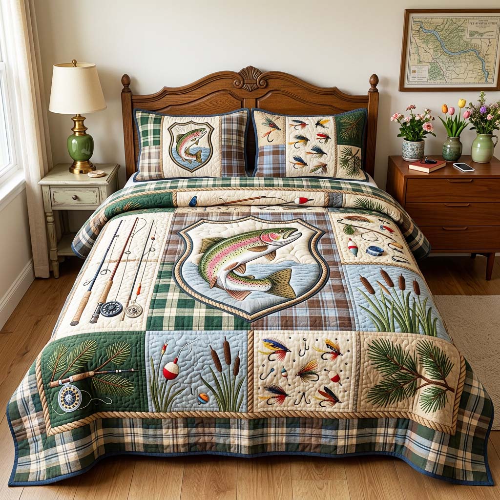 Vintage Fishing 3-Piece Quilted Bedding Set GFTOQM4687