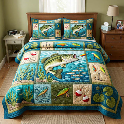 Lake Bass Fishing 3-Piece Quilted Bedding Set GFTOQM4690