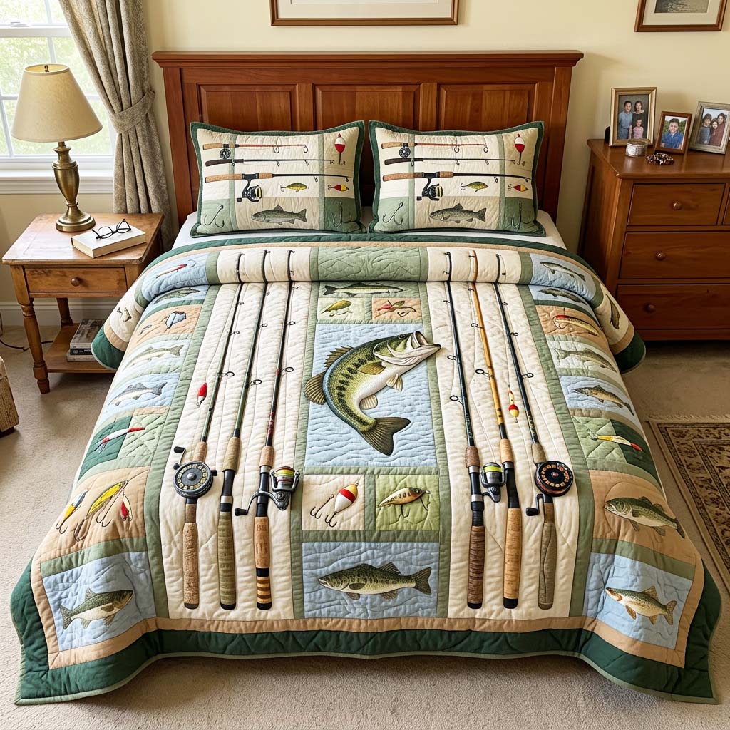 Fishing Rods 3-Piece Quilted Bedding Set GFTOQM4691