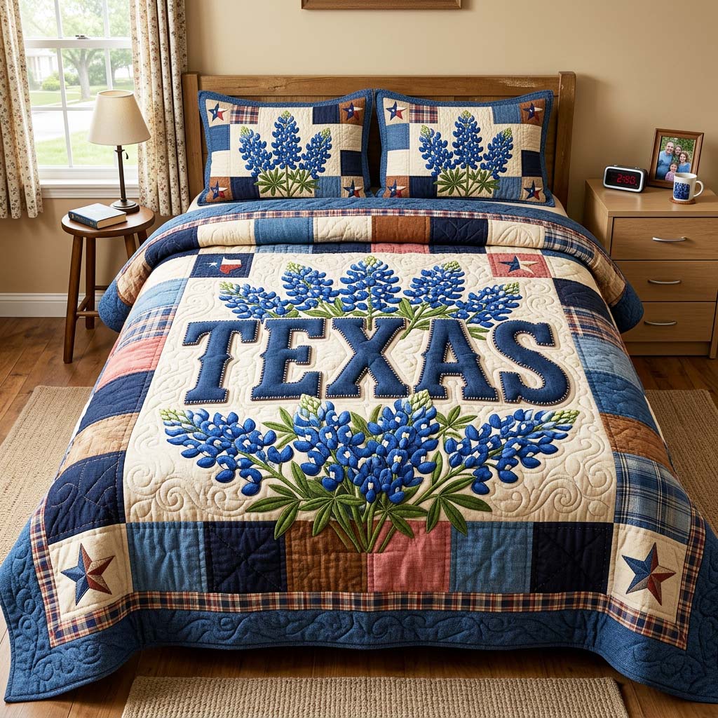 Bluebonnet Texas 3-Piece Quilted Bedding Set GFTOQM4731